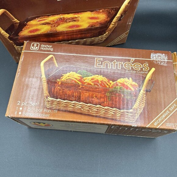 ANCHOR HOCKING Entrées Amber Cuisine Sets Loaf Pan, Cake Dish & Rattan Basket - Picture 2 of 7